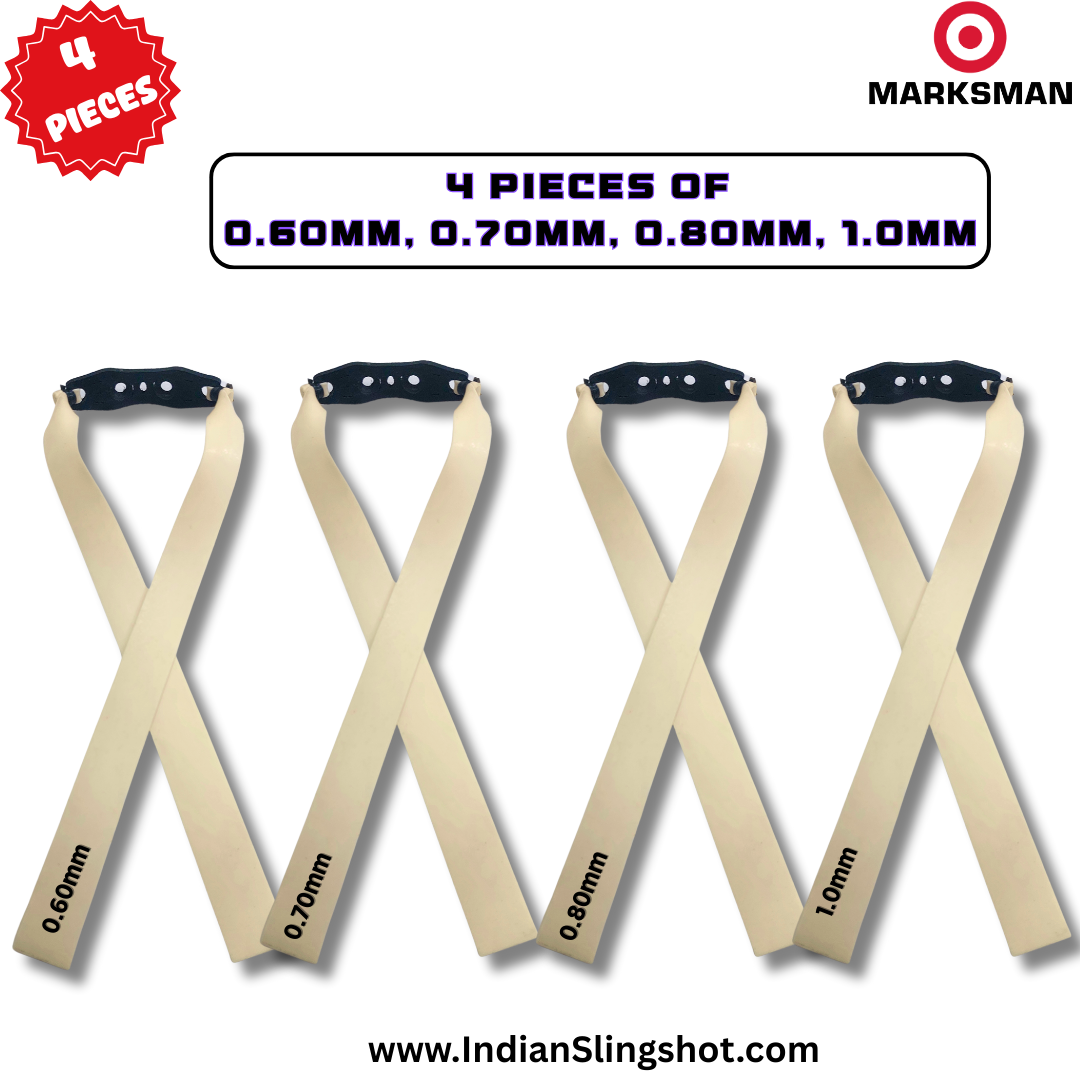 Gray MARKSMAN Natural Latex Slingshot Bands | 4-Pcs Sample Pack | 20cm Flat Mid Pull | Mixed Thickness 0.60mm, 0.70mm, 0.80mm & 1.0mm INDIAN SLINGSHOT