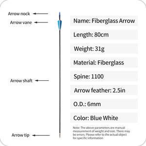 White Smoke SPG 6mm Fiberglass Arrows – 80cm Archery Arrows with Steel Tips SPG