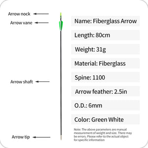 White Smoke SPG 6mm Fiberglass Arrows – 80cm Archery Arrows with Steel Tips SPG