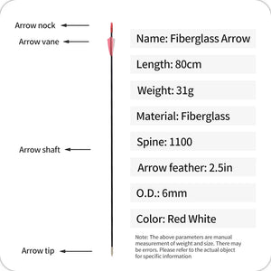 White Smoke SPG 6mm Fiberglass Arrows – 80cm Archery Arrows with Steel Tips SPG