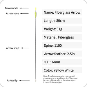 White Smoke SPG 6mm Fiberglass Arrows – 80cm Archery Arrows with Steel Tips SPG