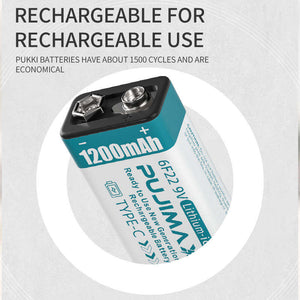 Lavender New Generation 9V Battery 1200mAh Lithium-Ion Battery Rechargeable Battery Plug micro Type-C USB PUJIMAX