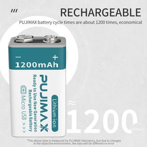Lavender New Generation 9V Battery 1200mAh Lithium-Ion Battery Rechargeable Battery Plug micro Type-C USB PUJIMAX