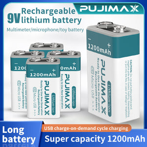 Lavender New Generation 9V Battery 1200mAh Lithium-Ion Battery Rechargeable Battery Plug micro Type-C USB PUJIMAX