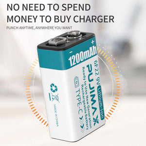 Antique White New Generation 9V Battery 1200mAh Lithium-Ion Battery Rechargeable Battery Plug micro Type-C USB PUJIMAX