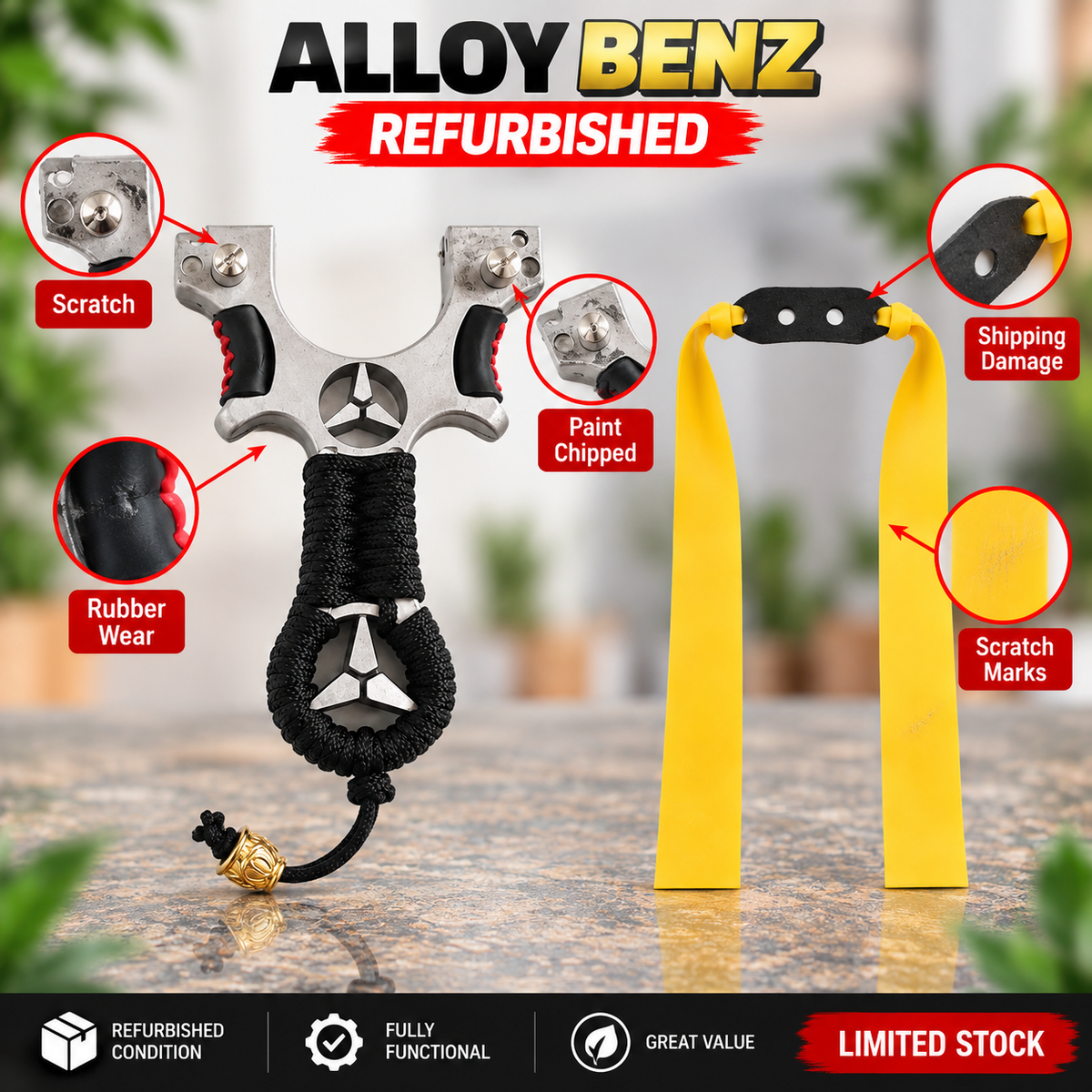 Black Alloy BENZ Slingshot Catapult Gulel Refurbished Slingshot with 5 Rubber Bands – Minor Damage MARKSMAN