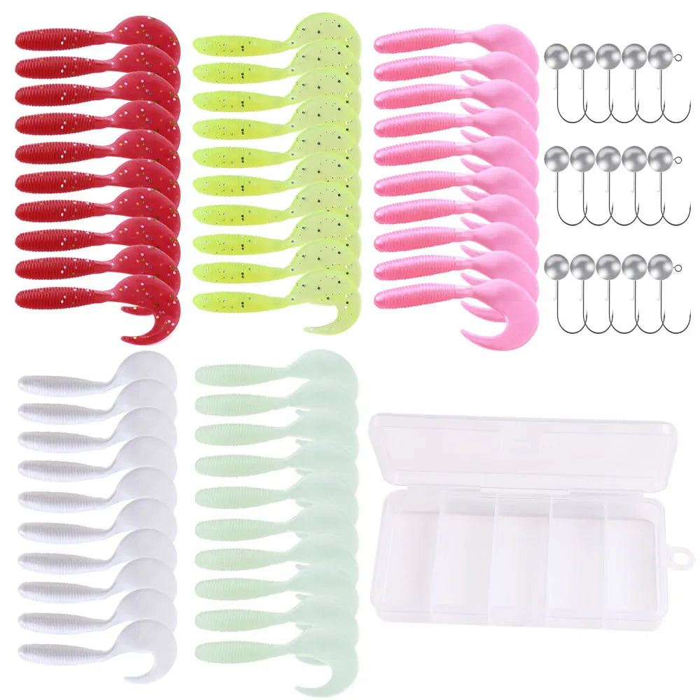 White Smoke 65pcs/Box Bass Pike Fishing 5g Jig Head Hook with 65mm Soft Worm Lures Fishing Lure Kit MARKSMAN