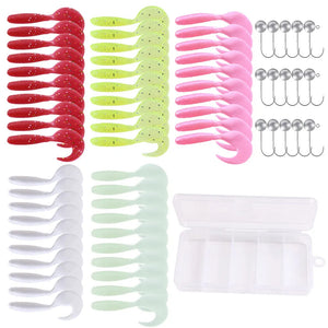 White Smoke 65pcs/Box Bass Pike Fishing 5g Jig Head Hook with 65mm Soft Worm Lures Fishing Lure Kit MARKSMAN