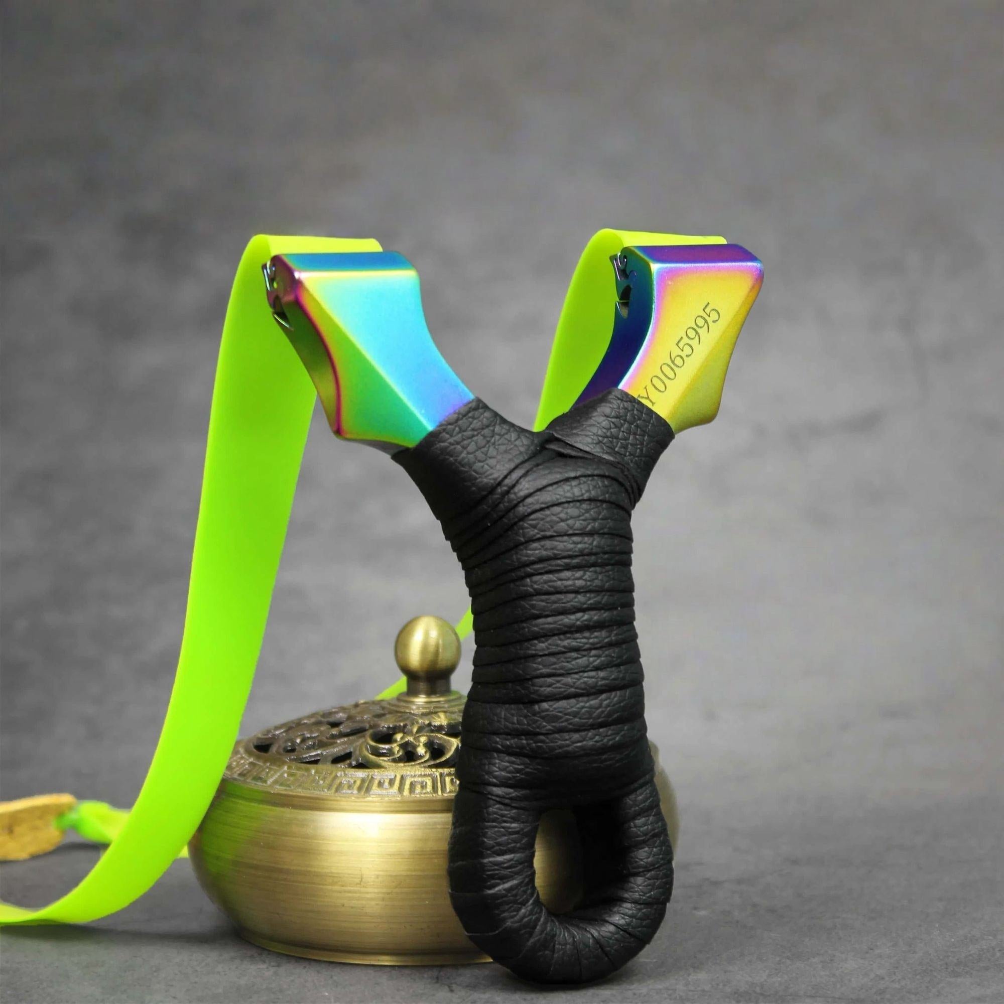 Dim Gray DRAGONBITE Quick-Lock System Stainless Steel Slingshot – Rainbow & Black MARKSMAN