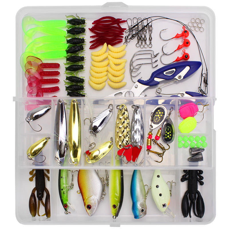 Gray 101PCS Fishing Lure Kit with Soft Baits, Spinner Lures & Tackle Box MARKSMAN