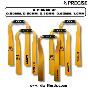 Goldenrod PRECISE 5-Pcs Sample Pack Slingshot Replacement Flat Bands | 20cm Mid Pull Rubber Bands | 0.50mm, 0.60mm, 0.70mm, 0.80mm & 1.0mm Thickness | Natural Latex Slingshot Catapult Accessories INDIAN SLINGSHOT