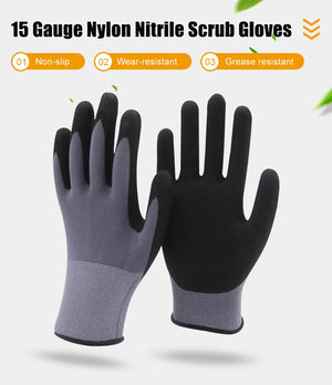 Lavender 15 Gauge Seamless Grey Nylon Spandex Blended Safety Gloves with Black Sandy Nitrile Palm Coating, Anti-Slip Flexible Work Gloves INDIAN SLINGSHOT