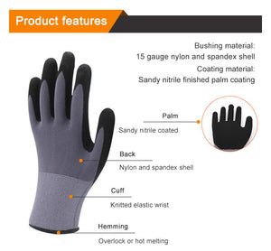 White Smoke 15 Gauge Seamless Grey Nylon Spandex Blended Safety Gloves with Black Sandy Nitrile Palm Coating, Anti-Slip Flexible Work Gloves INDIAN SLINGSHOT