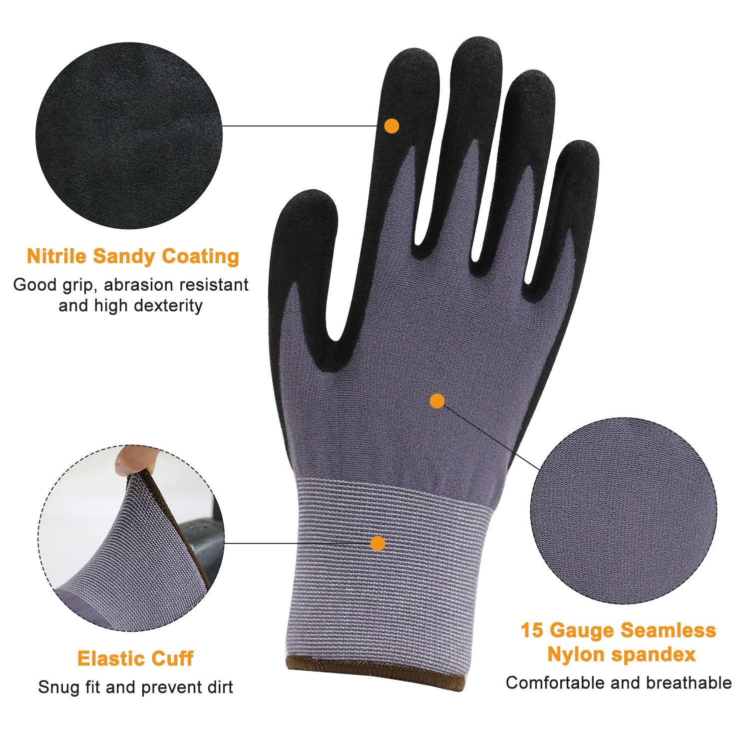 White Smoke 15 Gauge Seamless Grey Nylon Spandex Blended Safety Gloves with Black Sandy Nitrile Palm Coating, Anti-Slip Flexible Work Gloves INDIAN SLINGSHOT