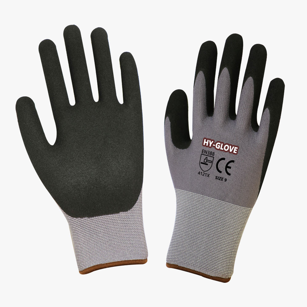 White Smoke 15 Gauge Seamless Grey Nylon Spandex Blended Safety Gloves with Black Sandy Nitrile Palm Coating, Anti-Slip Flexible Work Gloves INDIAN SLINGSHOT