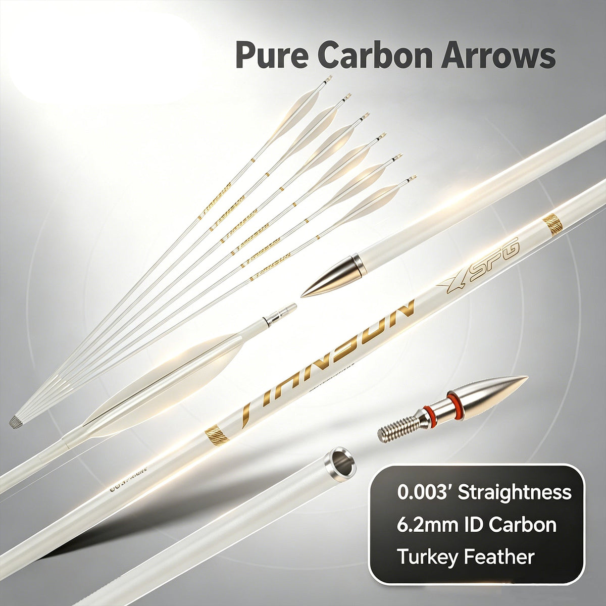 White Smoke Archery Pure Carbon Target Arrows 400-800 Spine, 0.003" Straightness, 6.2mm ID, Turkey Feather Fletching, Screw-In Points SPG