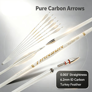 White Smoke Archery Pure Carbon Target Arrows 400-800 Spine, 0.003" Straightness, 6.2mm ID, Turkey Feather Fletching, Screw-In Points SPG