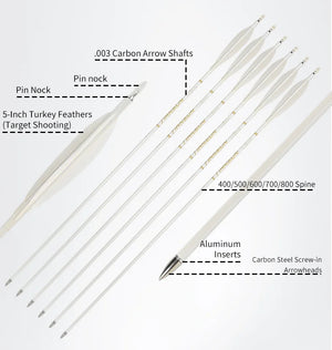 White Smoke Archery Pure Carbon Target Arrows 400-800 Spine, 0.003" Straightness, 6.2mm ID, Turkey Feather Fletching, Screw-In Points SPG