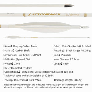 White Smoke Archery Pure Carbon Target Arrows 400-800 Spine, 0.003" Straightness, 6.2mm ID, Turkey Feather Fletching, Screw-In Points SPG