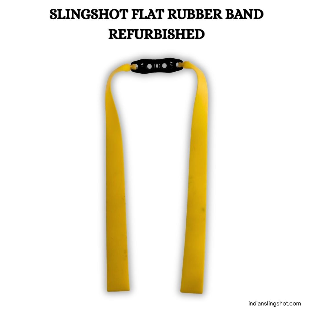 A refurbished yellow slingshot flat rubber band with a black adjustable center cap, shown against a plain white background with the text 'SLINGSHOT FLAT RUBBER BAND REFURBISHED' at the top.