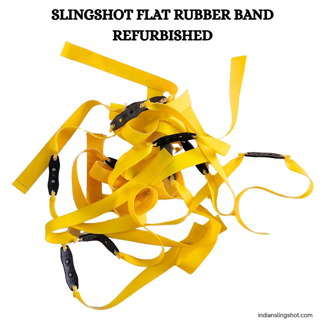 A bundle of yellow slingshot flat rubber bands with black plastic snap hooks and adjustment sliders, shown on a white background with the text 'SLINGSHOT FLAT RUBBER BAND REFURBISHED' at the top.