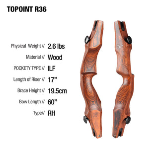 White Smoke Topoint R36 Wooden Recurve Bow Riser – 17 Inch Topoint