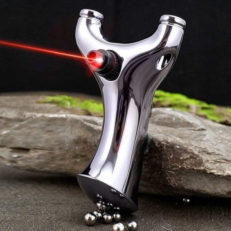 Black Warlord X Built-in Laser Sight Alloy Slingshot with Flat Elastic Band & Top Clip MARKSMAN