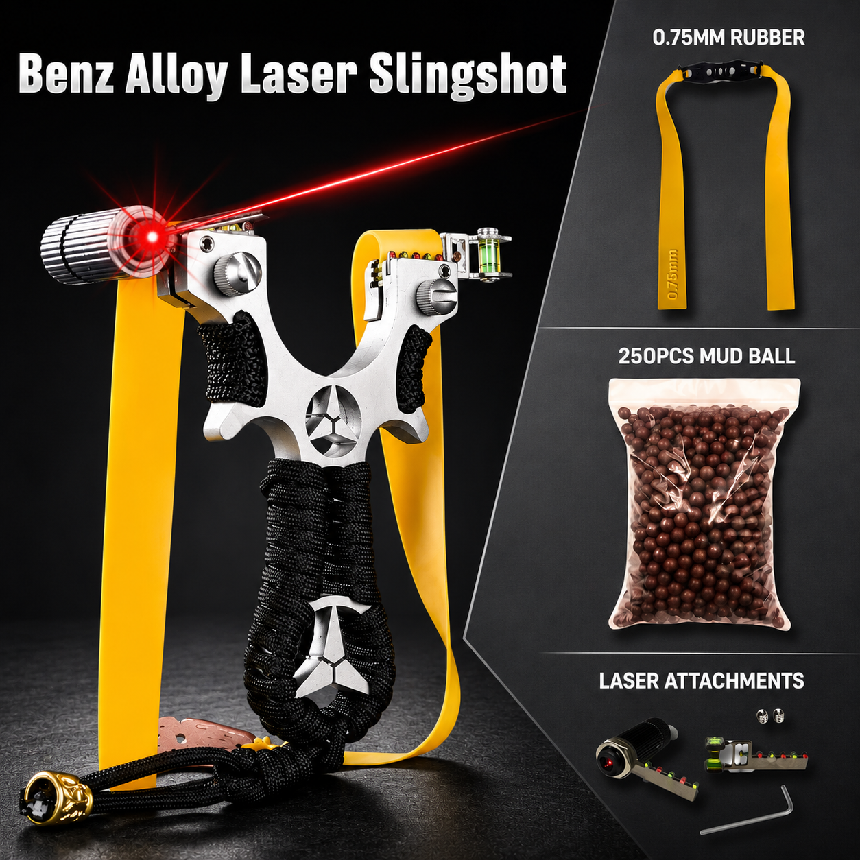Black Premium Benz Alloy Laser Slingshot – Precision Outdoor Target Shooting Catapult with 250 pieces of mud balls SLINGSTER