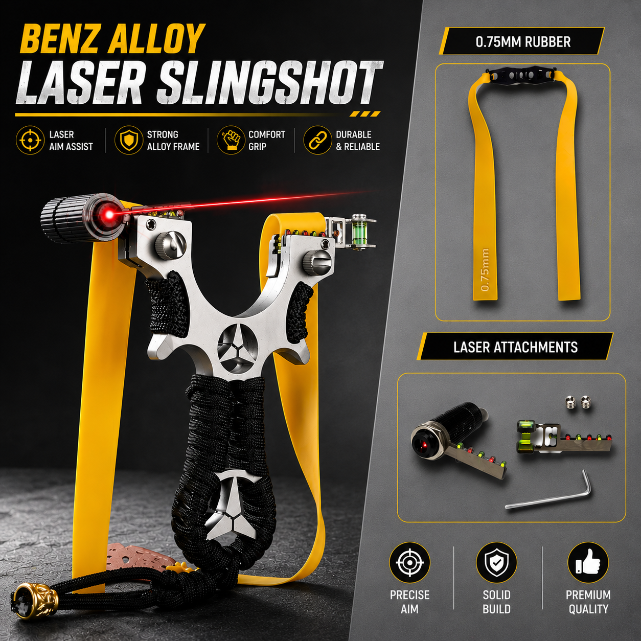Black Premium Alloy Benz Laser Slingshot with 90° Level Sight & 0.75 mm Rubber Band Pack SLINGSTER