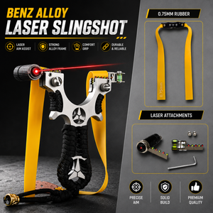 Black Premium Alloy Benz Laser Slingshot with 90° Level Sight & 0.75 mm Rubber Band Pack SLINGSTER