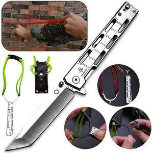 Dark Slate Gray Stainless Steel Slingshot with Pocket Folding Knife MARKSMAN