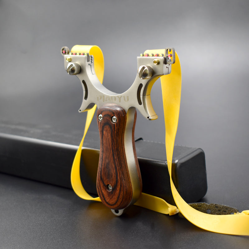 Light Slate Gray Stainless Steel Wood Grain Handle Convex Bottom Outdoor Shooting Slingshot MARKSMAN