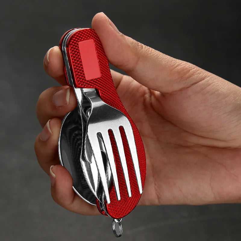 Black 4-in-1 Folding Camping Cutlery Tool | Spoon Fork Knife MARKSMAN