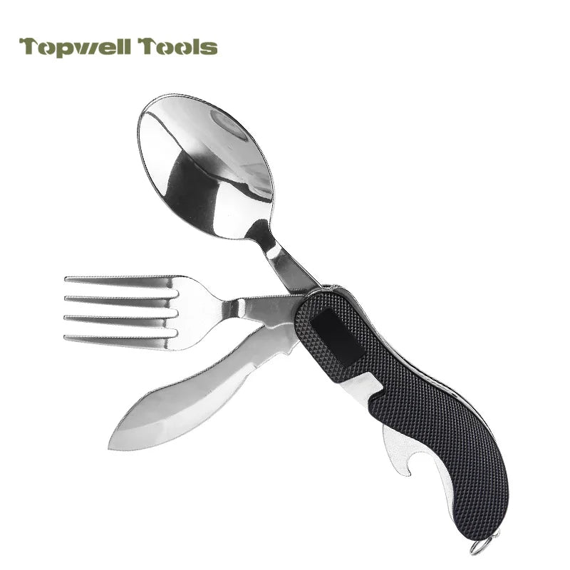 White Smoke 4-in-1 Folding Camping Cutlery Tool | Spoon Fork Knife MARKSMAN