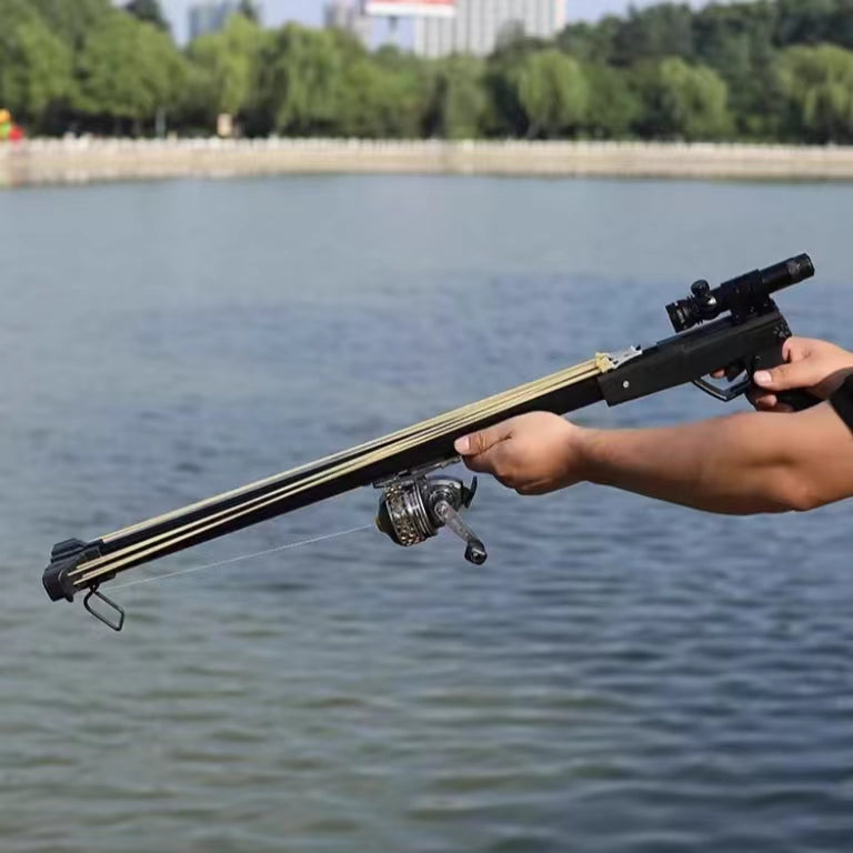 Slate Gray Upgraded Powerful Long Rod Slingshot with Fishing Reel INDIAN SLINGSHOT
