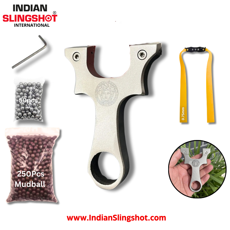 White Smoke Medusa Crest Stainless Steel Slingshot INDIAN SLINGSHOT