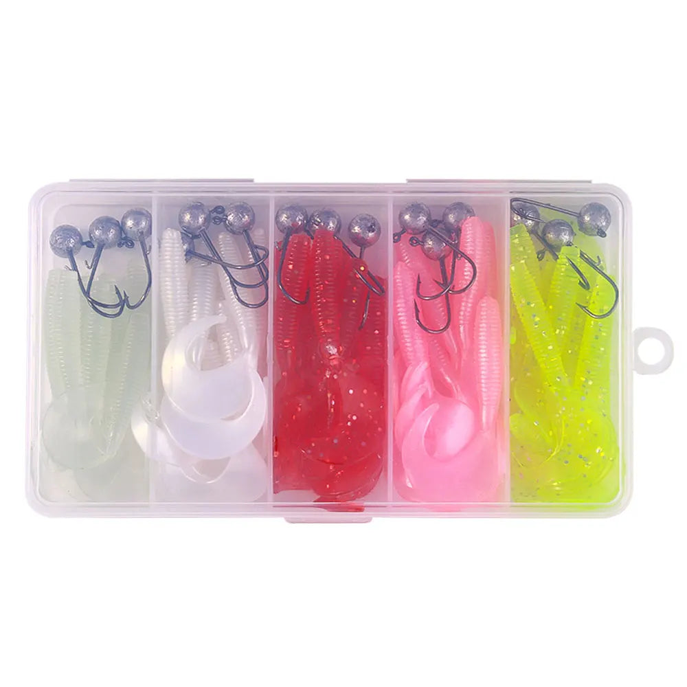 White Smoke 65pcs/Box Bass Pike Fishing 5g Jig Head Hook with 65mm Soft Worm Lures Fishing Lure Kit MARKSMAN
