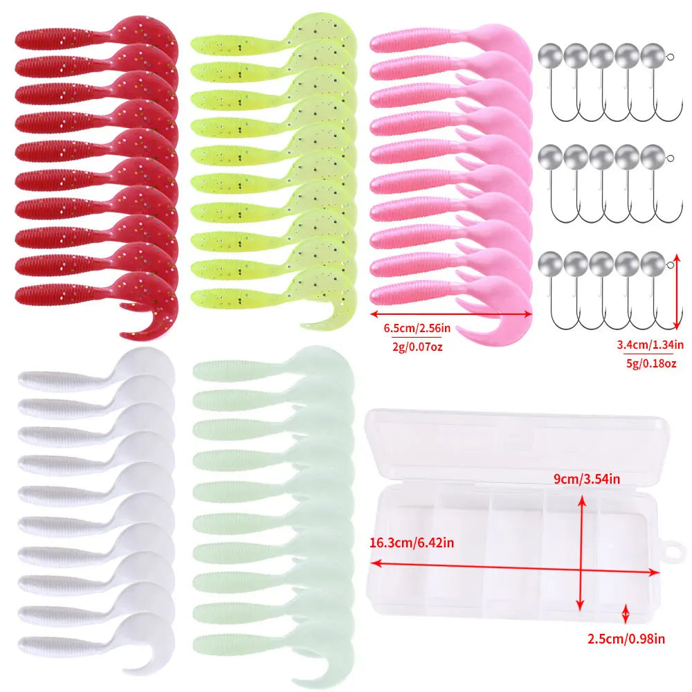 White Smoke 65pcs/Box Bass Pike Fishing 5g Jig Head Hook with 65mm Soft Worm Lures Fishing Lure Kit MARKSMAN