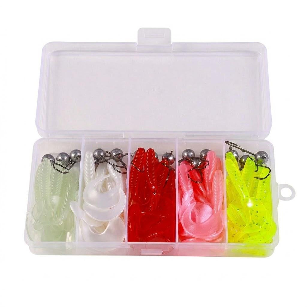 Light Gray 65pcs/Box Bass Pike Fishing 5g Jig Head Hook with 65mm Soft Worm Lures Fishing Lure Kit MARKSMAN