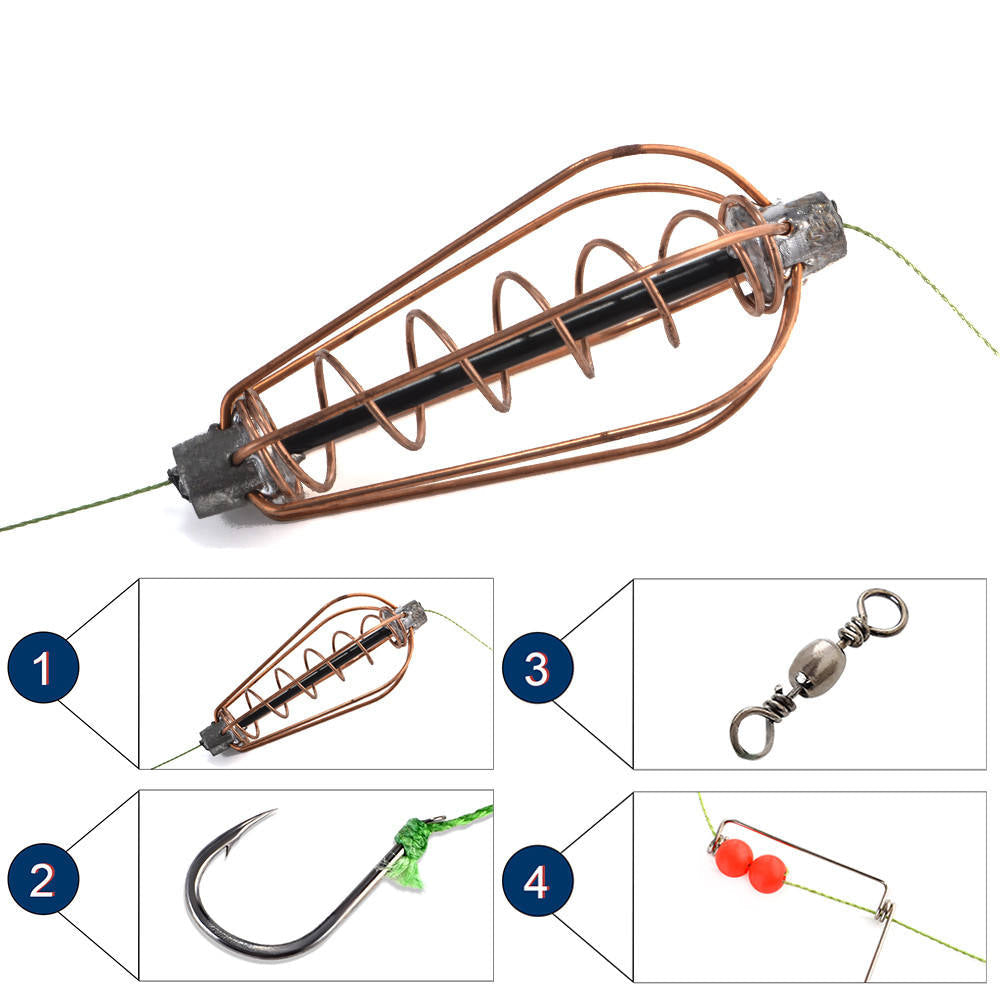 White Smoke 4Pcs Copper Spring Bait Feeder Cage with Hooks – Portable Fishing Accessory MARKSMAN