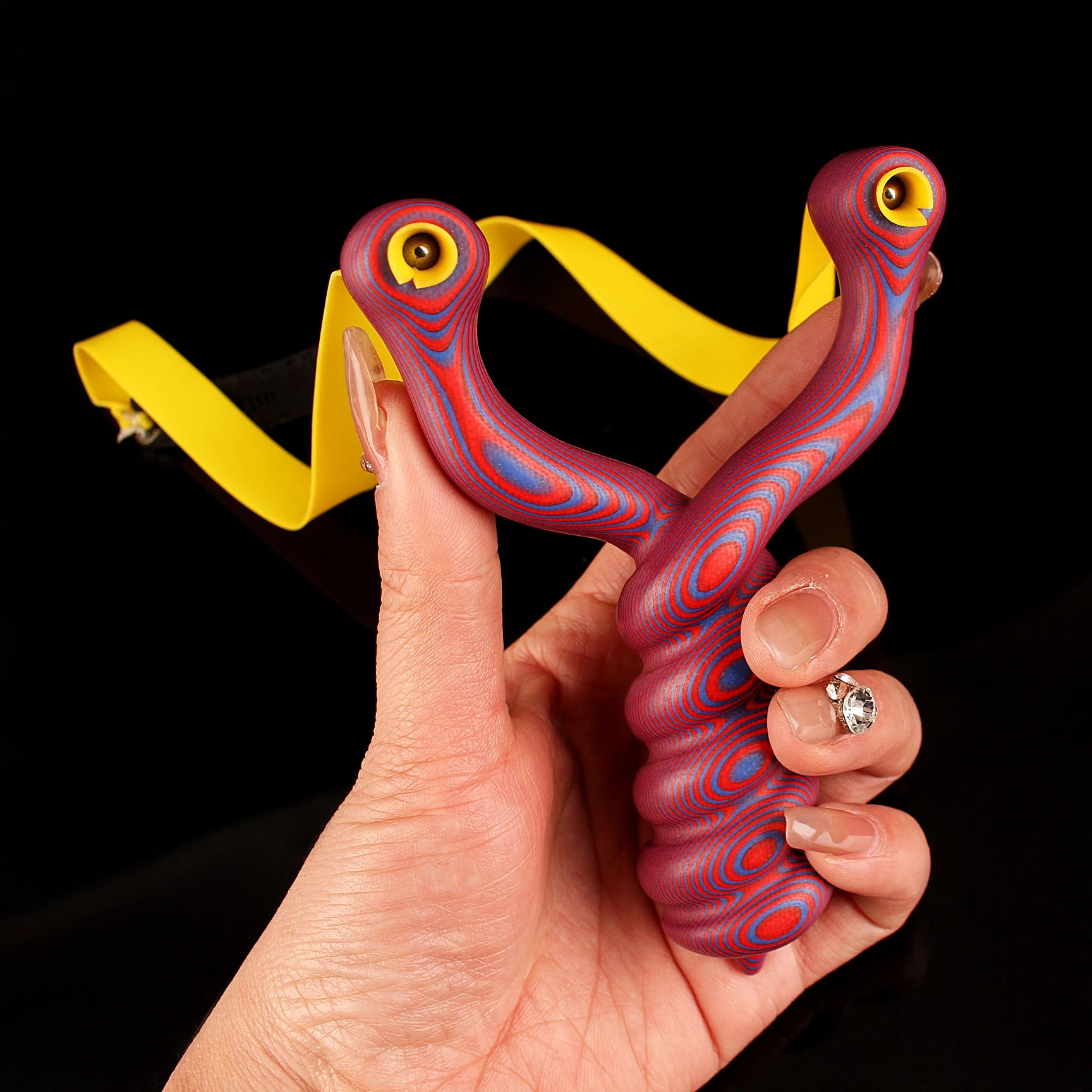 Black G10 Fried Dough Twists Slingshot – Red/Blue | Round Head Design INDIAN SLINGSHOT