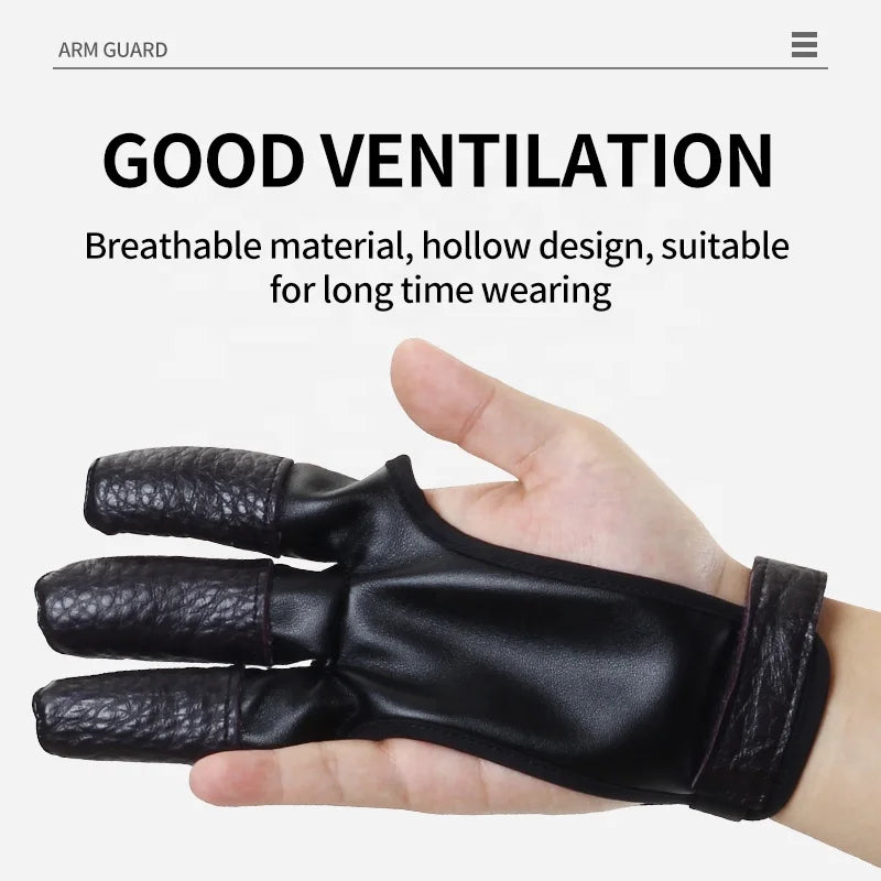 Beige SPG Leather 3-Finger Hand Guard – Adjustable Archery Glove (Black) SPG