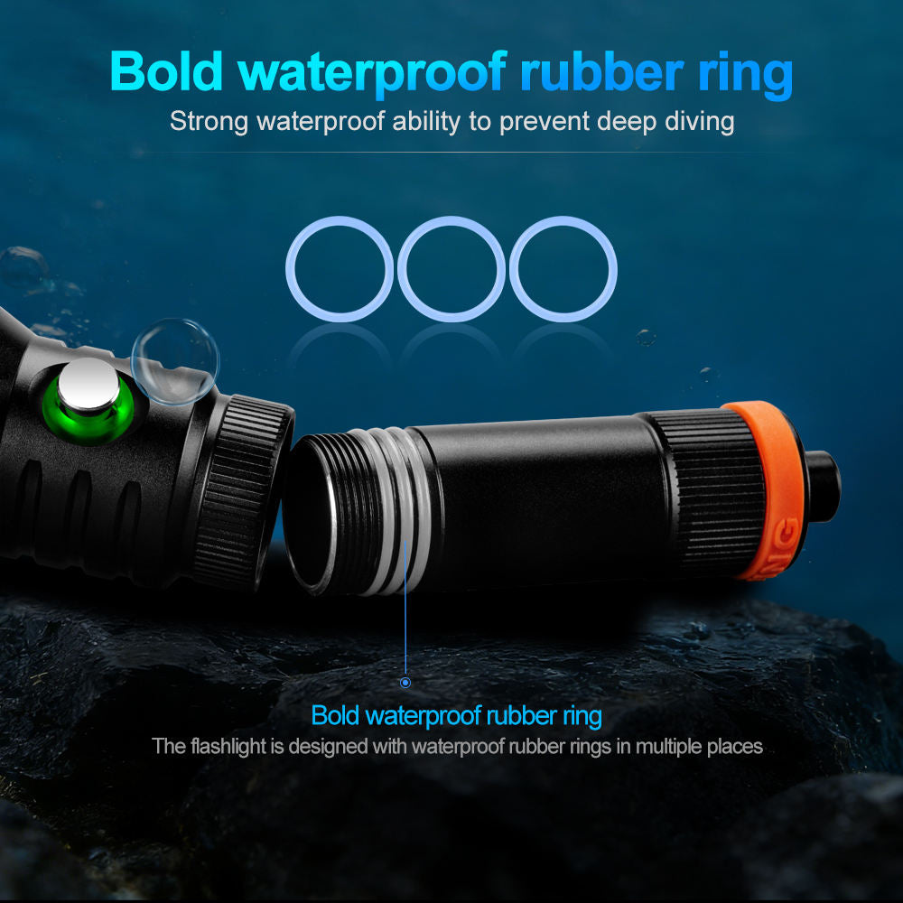 Black 20W High Power Amphibious Diving Flashlight 3000 Lumens 100M Waterproof Rechargeable Aluminum Dive Torch for Outdoor and Underwater Use INDIAN SLINGSHOT