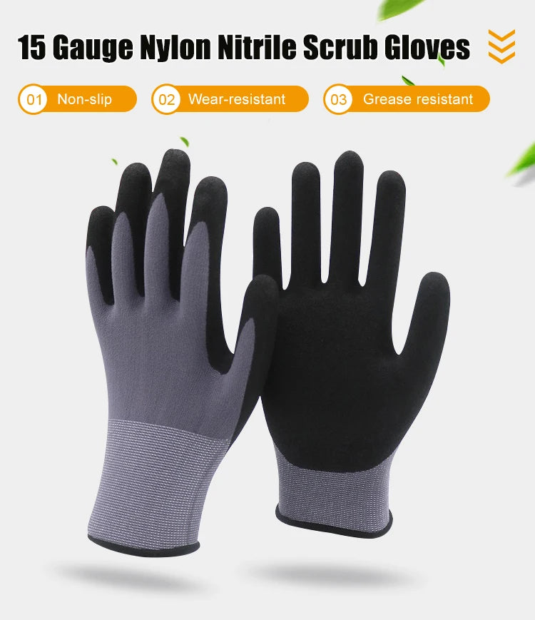 Lavender 15 Gauge Seamless Grey Nylon Spandex Blended Safety Gloves with Black Sandy Nitrile Palm Coating, Anti-Slip Flexible Work Gloves INDIAN SLINGSHOT
