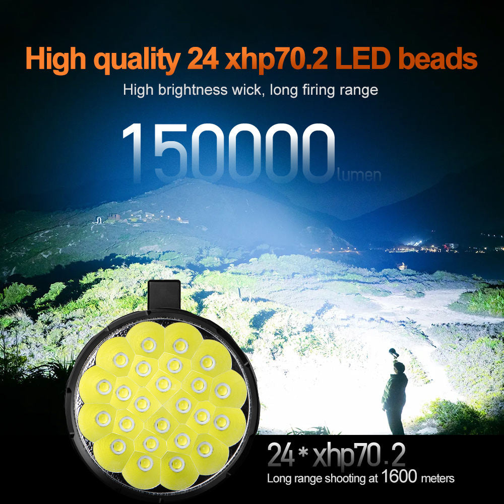 Black 65W Fast Charging High Power LED Searchlight 150000LM Long Range Rechargeable Spotlight with 24 XHP70.2 LEDs, 32000mAh Battery, Cooling Fans & Shoulder Strap INDIAN SLINGSHOT