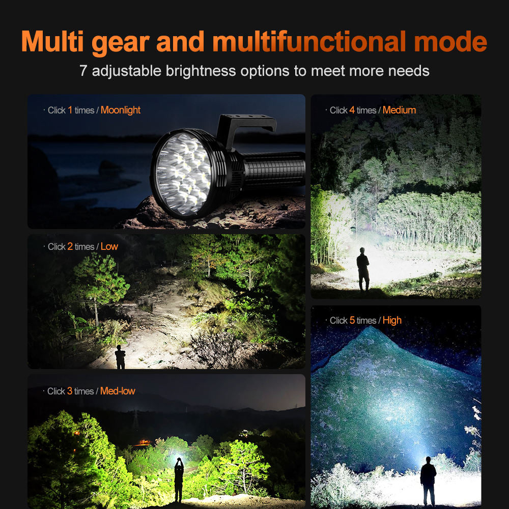 Black 65W Fast Charging High Power LED Searchlight 150000LM Long Range Rechargeable Spotlight with 24 XHP70.2 LEDs, 32000mAh Battery, Cooling Fans & Shoulder Strap INDIAN SLINGSHOT