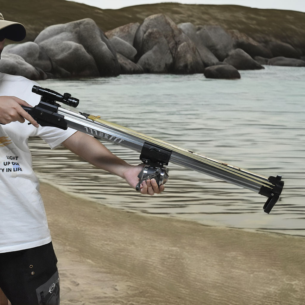 Gray ShoreMaster Long-Range Fishing Slingshot Rifle with Reel Kit & Laser Guidance INDIAN SLINGSHOT