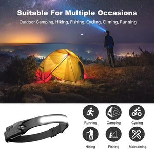 White Smoke USB Rechargeable LED Sensor Headlamp COB Light Source with Lithium Ion Battery, Type-C Charging, Adjustable Silicone Head Light for Camping, Fishing & Search Use INDIAN SLINGSHOT