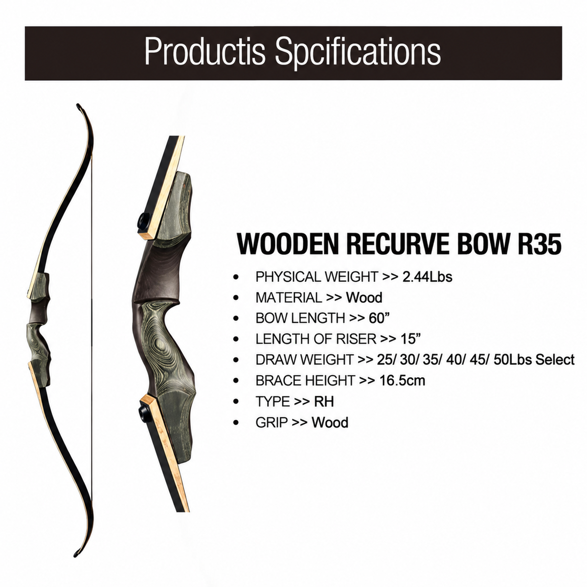 White Smoke TOPOINT R35 Wooden Recurve Bow | 60-Inch Archery Bow Topoint