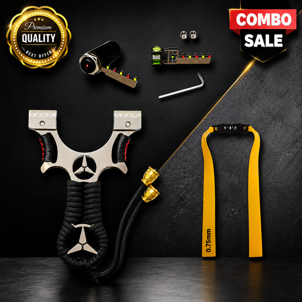Black Premium Alloy Benz Laser Slingshot with 90° Level Sight & 0.75 mm Rubber Band Pack SLINGSTER